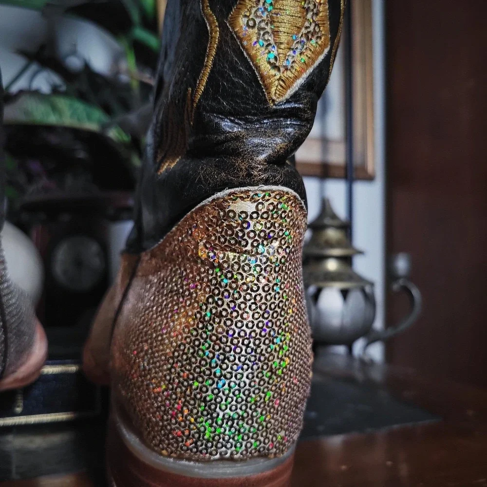 Vintage Y2K Black Stone Cowboy Boots Eagle Sequin Western Mexico Leather Mens 11